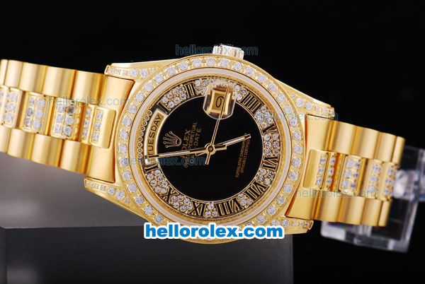 Rolex Day-Date Automatic Full Gold Black Dial with Diamond Bezel - Click Image to Close